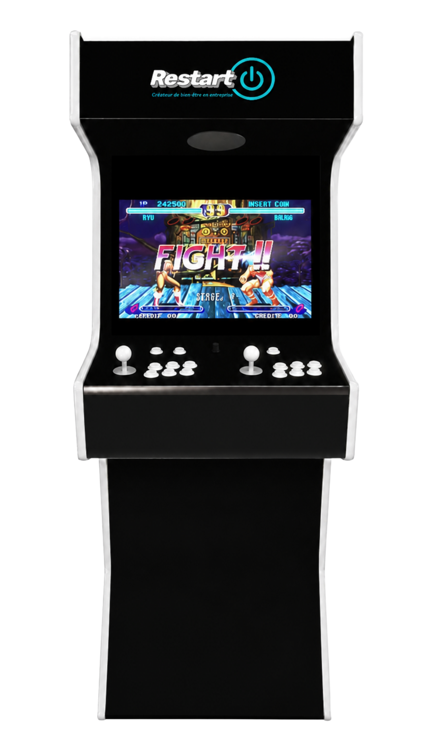 Vue de face de la borne d’arcade R-LEVEL avec commandes deux joueurs et front du haut écrit RESTART