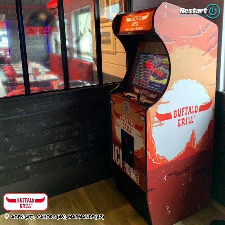 Borne d’arcade personnalisée aux couleurs de Buffalo Grill installée dans le restaurant d'Agen