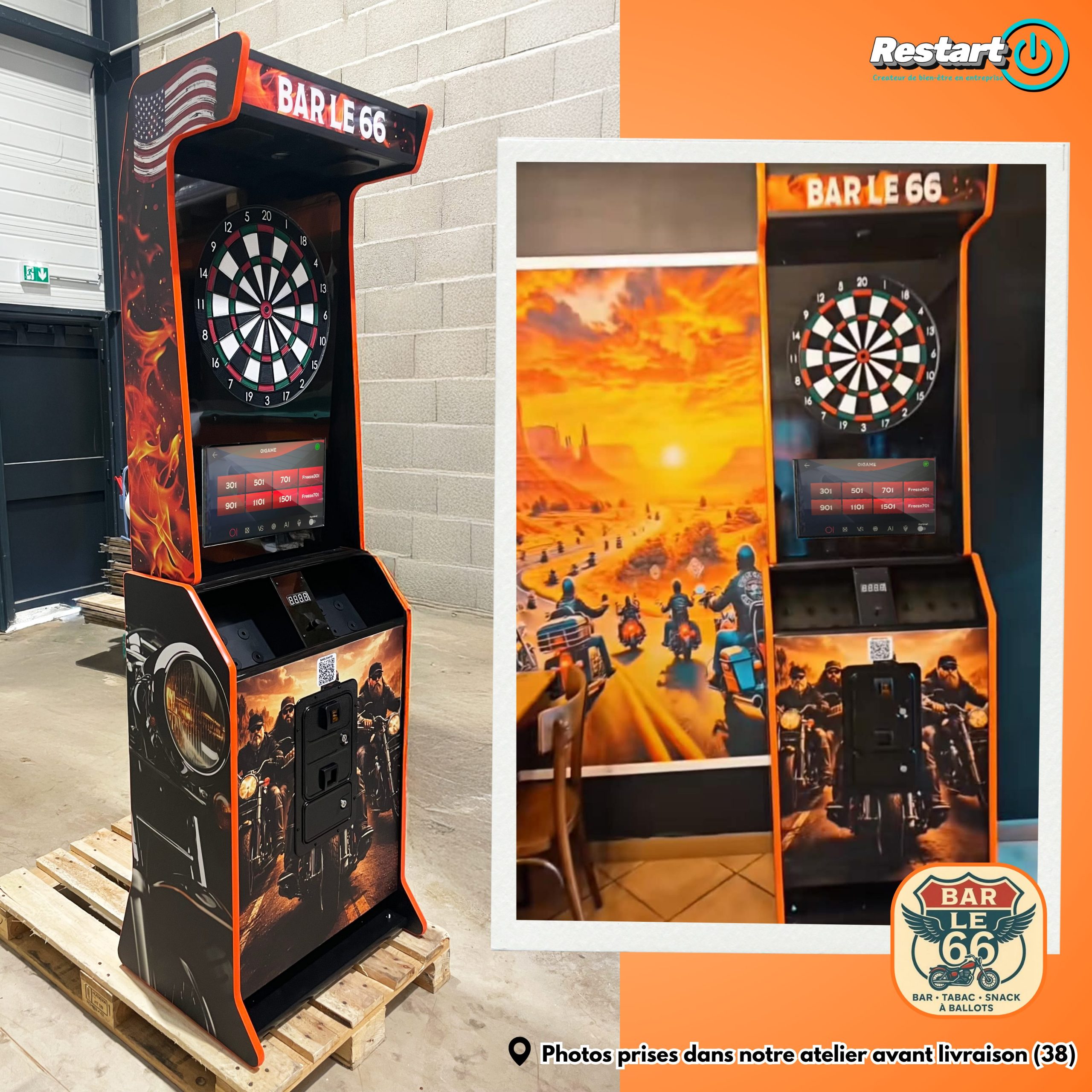 Montage photo d’une borne de fléchettes interactive personnalisée orange, au style américain et motard, pour le Bar Le 66