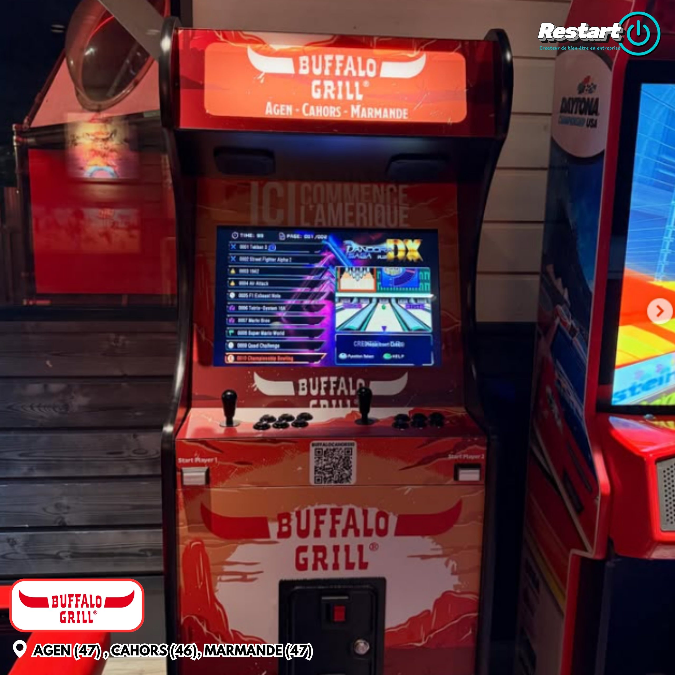 Borne d’arcade personnalisée aux couleurs de Buffalo Grill installée dans le restaurant de Marmande