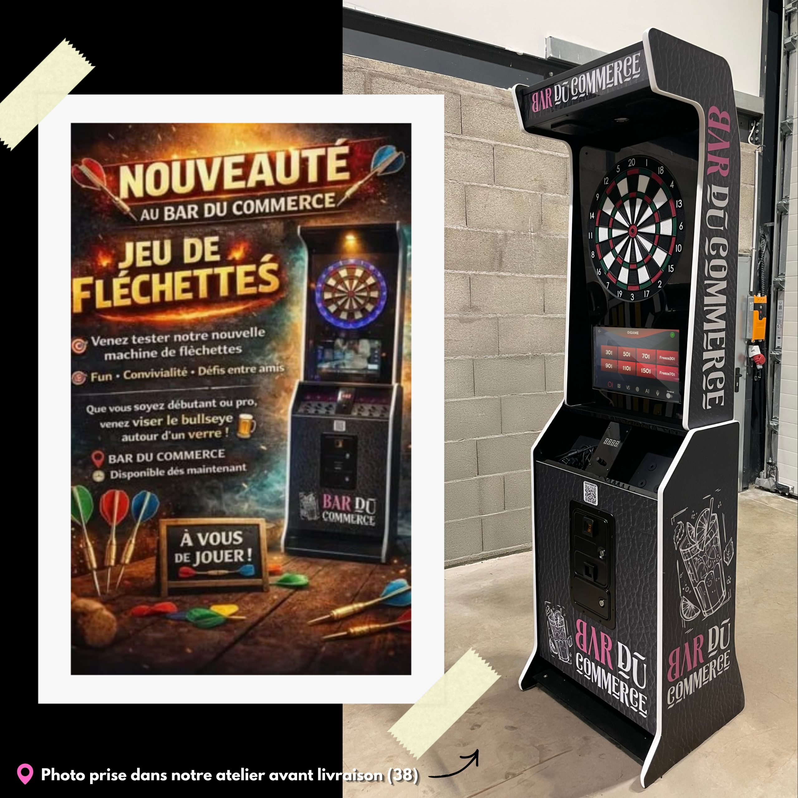Fléchettes électronique personnalisée pour le Bar du Commerce, préparée dans l’atelier RESTART