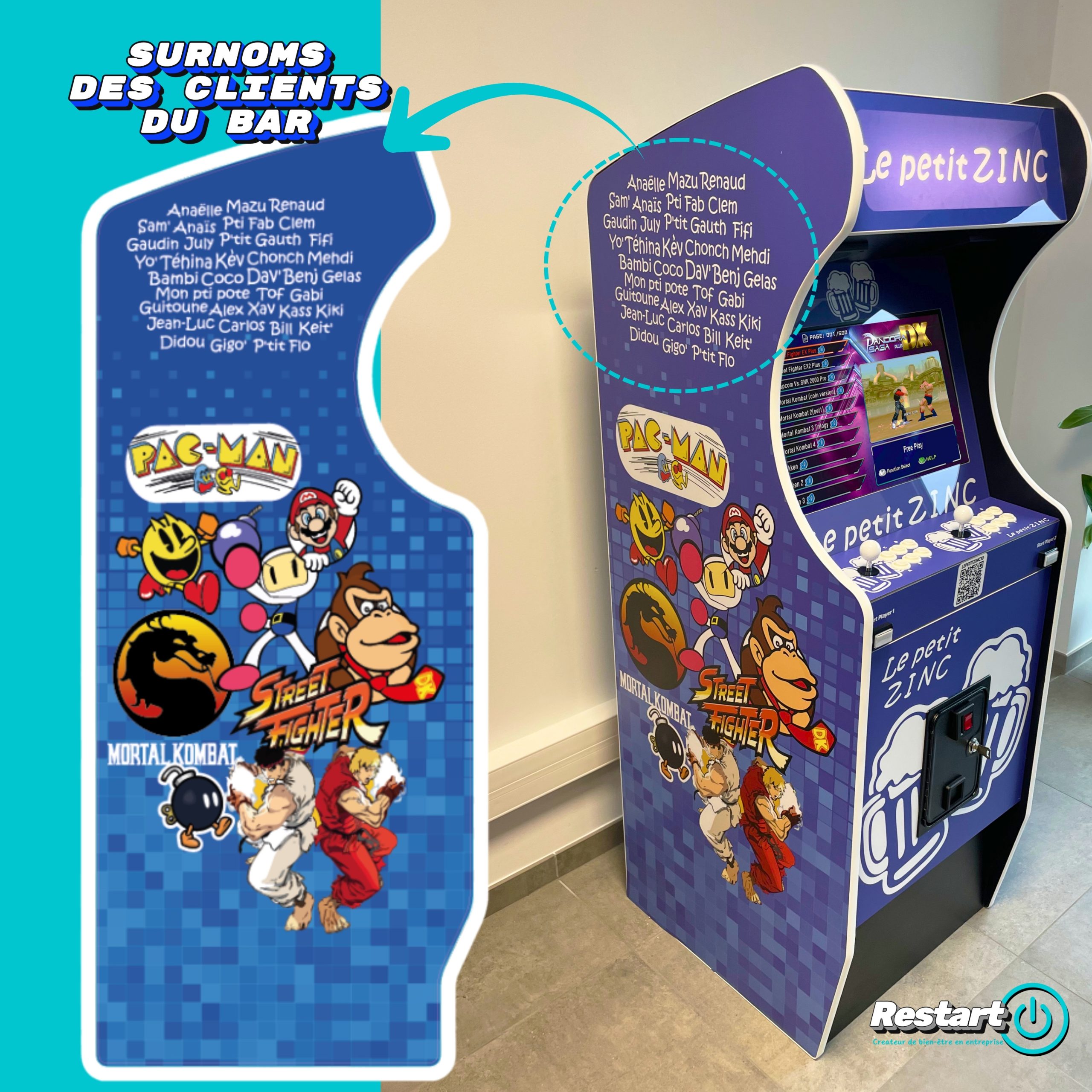 Borne d’arcade personnalisée Le Petit Zinc avec les surnoms des clients du bar et des illustrations de jeux vidéo rétro