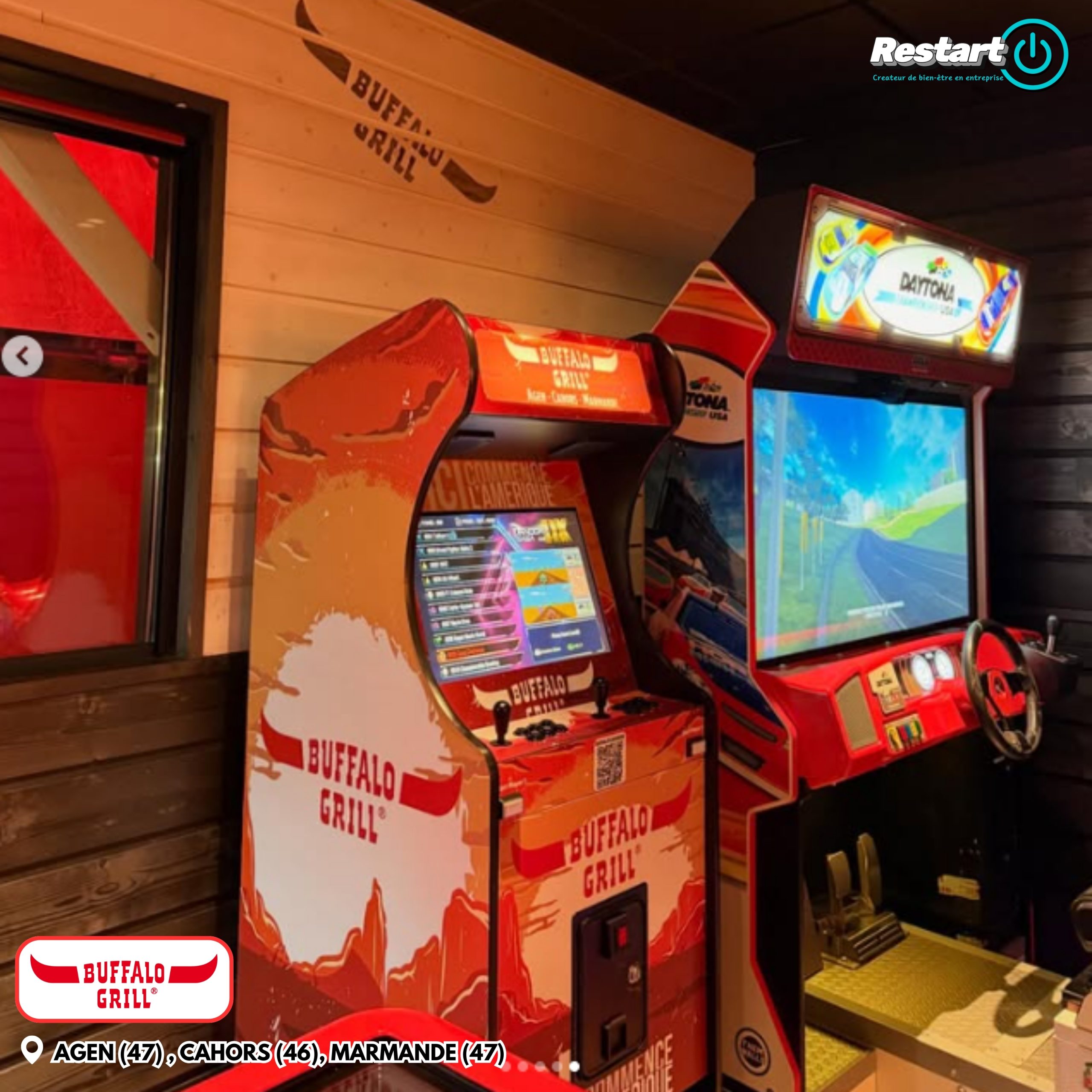 Borne d’arcade personnalisée aux couleurs de Buffalo Grill installée dans le restaurant de Cahors