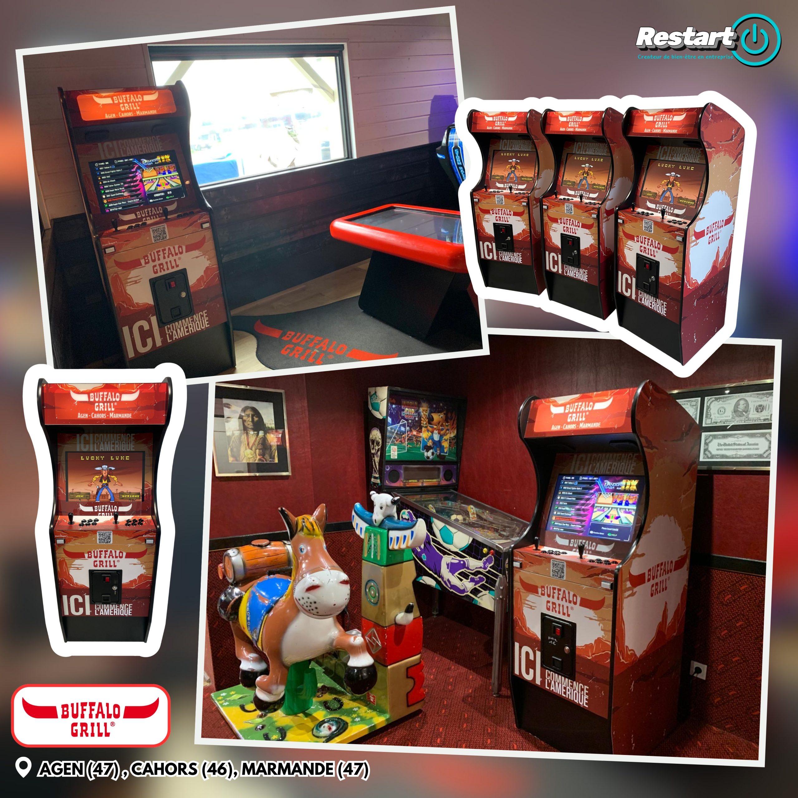 Montage photo de trois bornes d’arcade personnalisées Buffalo Grill installées dans les restaurants d’Agen, Cahors et Marmande