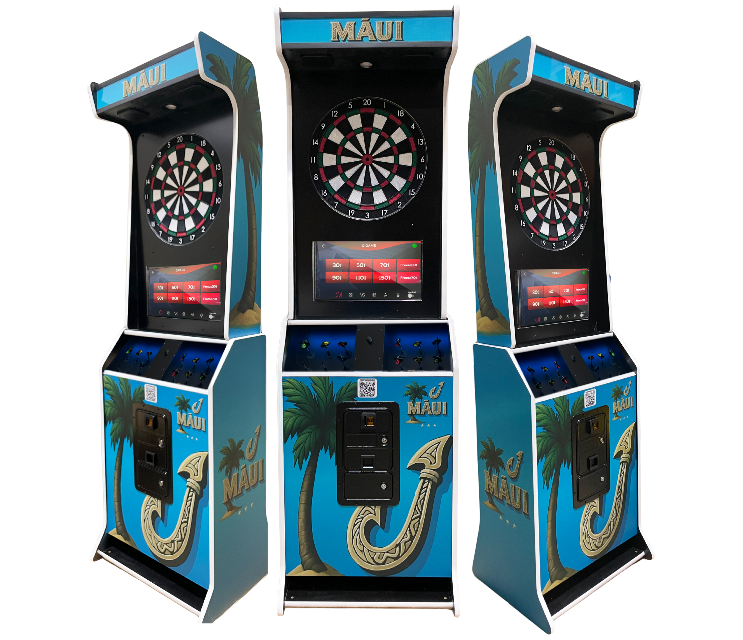 Fléchettes interactive personnalisée bleu Camping Maui avec décor tropical
