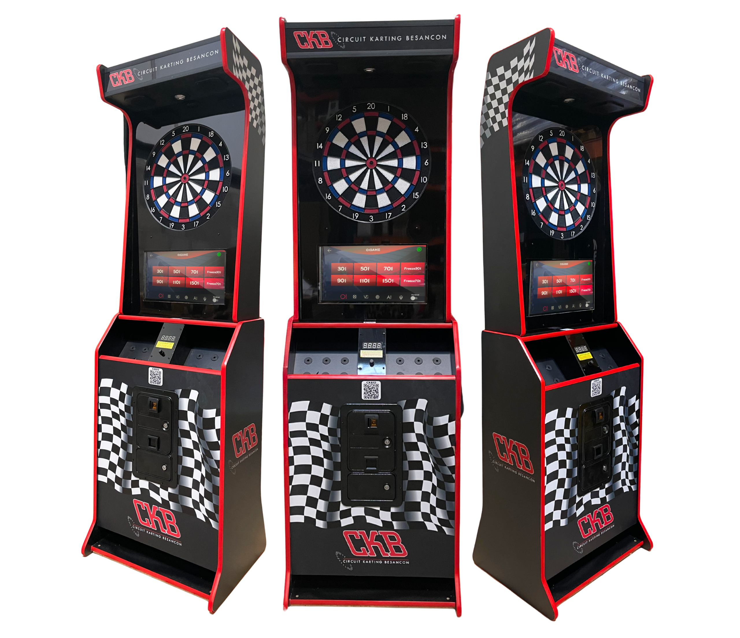 Borne de fléchettes interactive personnalisée noire et rouge pour le Circuit Karting Besançon