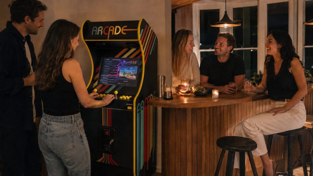 Une femme joue sur une borne d’arcade RESTART pendant qu’un groupe d’amis échange autour d’un bar dans une ambiance chaleureuse en soirée.