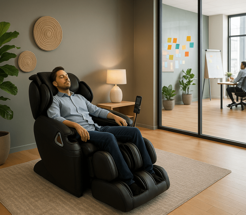 Collaborateur profitant d’un fauteuil massant dans un espace de détente aménagé à proximité des bureaux.